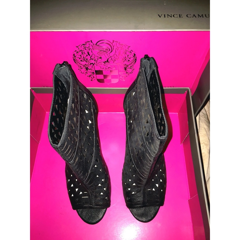 Vince Camuto black open toe booties.